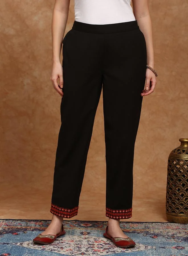 globus Women Black Embroidered Hem Pants